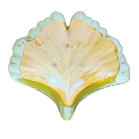 Vintage Hand Blown Art Glass Ginkgo Leaf Bowls – Green & Amber Set of Two